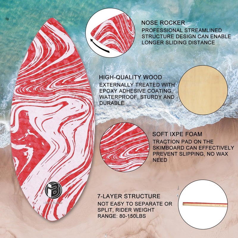 iBoard 41” Skipper Skimboard with High Gloss Coat Wooden Skim Boards for Beginners, Teenagers and Adults Beach Skimboard 3 Color Traction Pad to Choose - Image 3